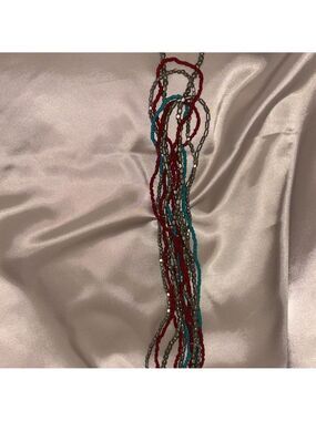 Silver, Teal, Dark Red Multi-Strand Beaded Necklace